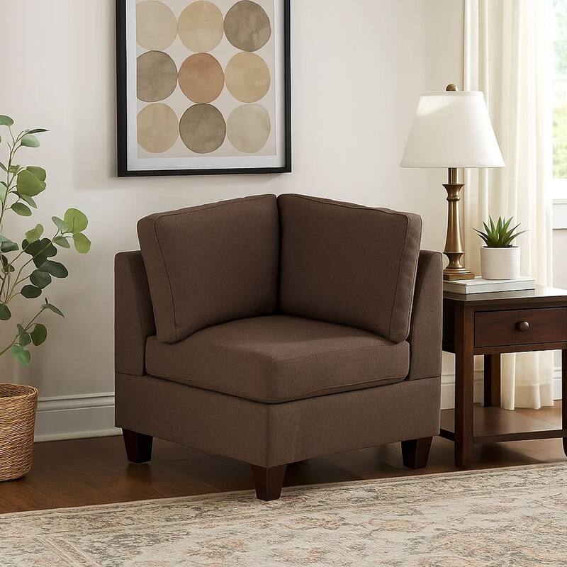 Remy 32 Inch Modular Corner Sofa Chair, Soft Brown Chenille, Solid Wood