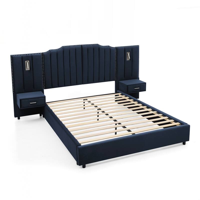 Queen Size Upholstered Bed Frame , Vertical Stripe Design with Buttons Around Platform Bed with Headboard