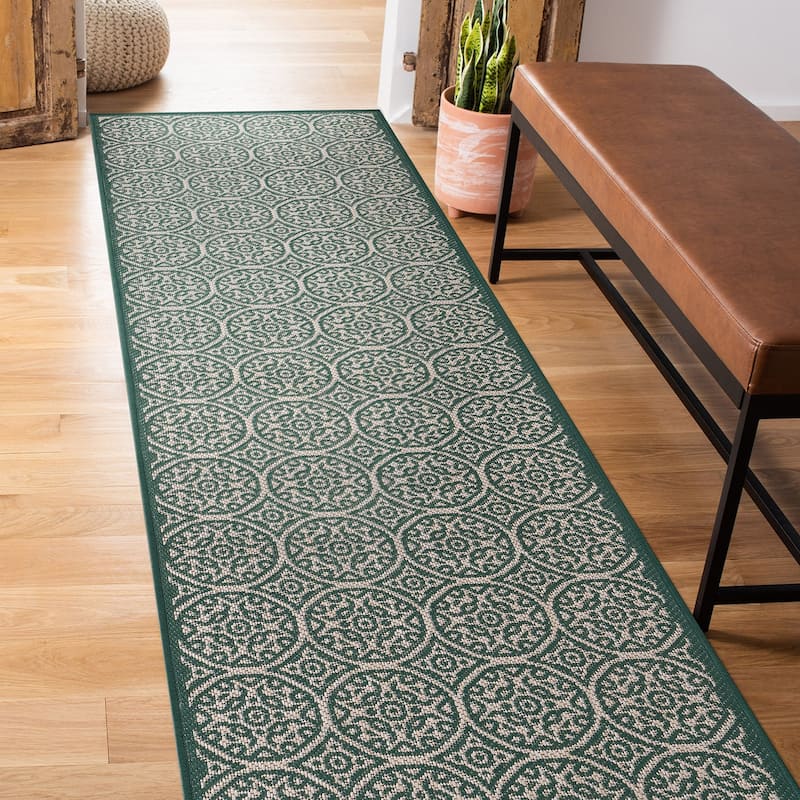 World Rug Gallery Transitional Floral Circles Textured Flat Weave Indoor/Outdoor Area Rug