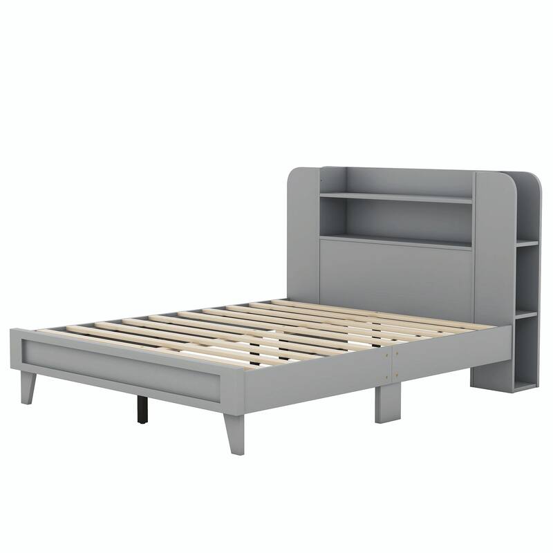 Platform Bed with Storage Headboard, Multiple Shelves on Both Sides