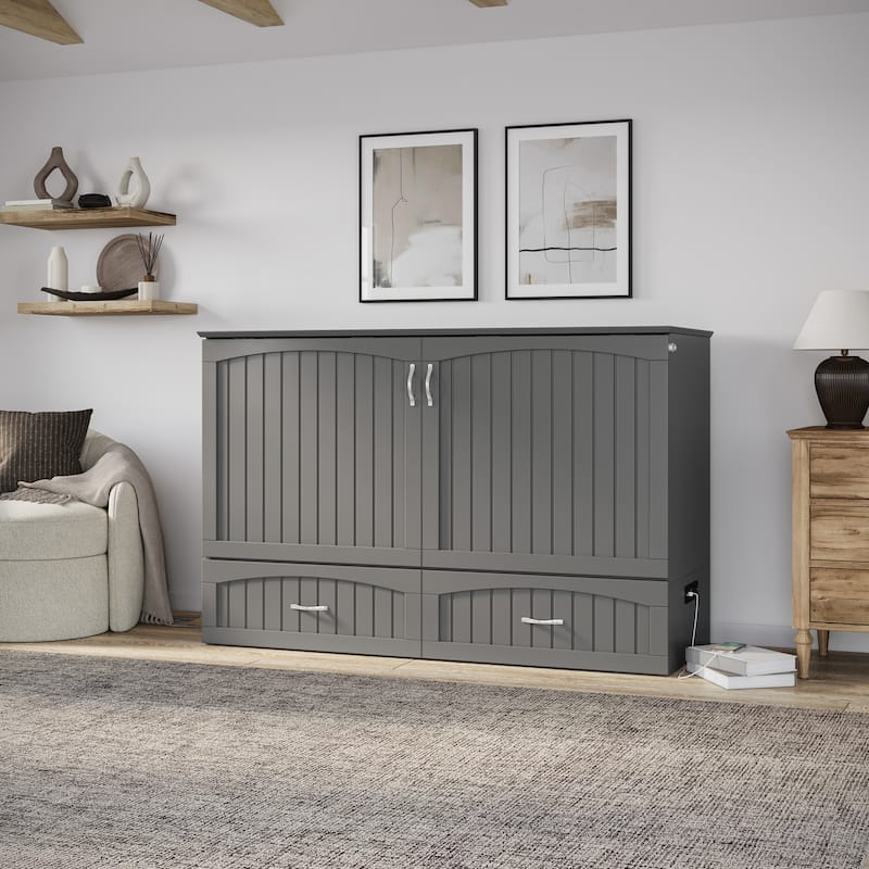 Aspen Queen Murphy Bed Chest with 6" Mattress, Storage Drawer & Built-In Charger in Grey