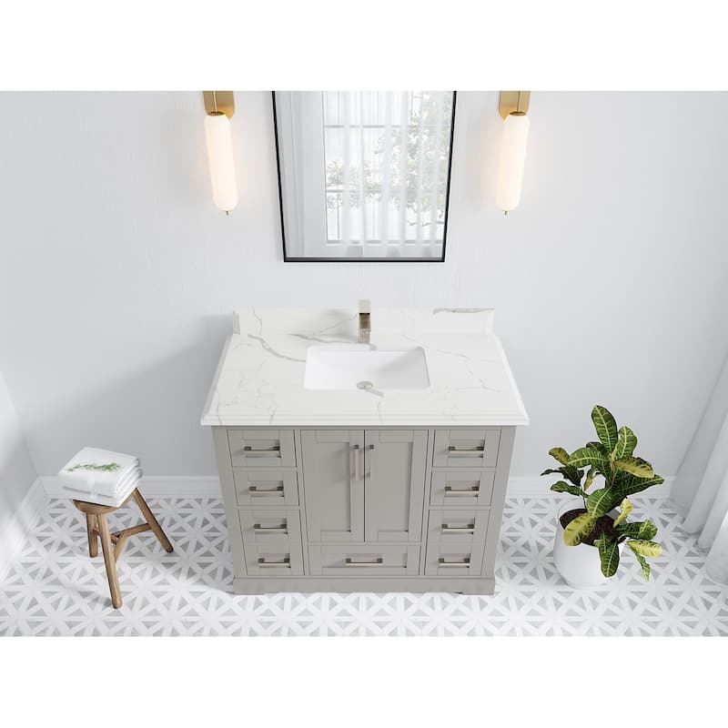 Willow Collection 42 in W x 22 in D x 36 in H Boston Single Bowl Sink Bathroom Vanity with Countertop - 1.5"Calacatta - Elephant Skin Gray