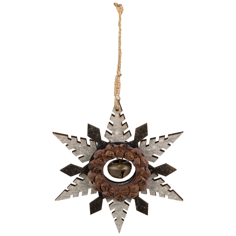 Snowflake with Jingle Bell Wooden Christmas Ornament - 6" - Brown and Beige