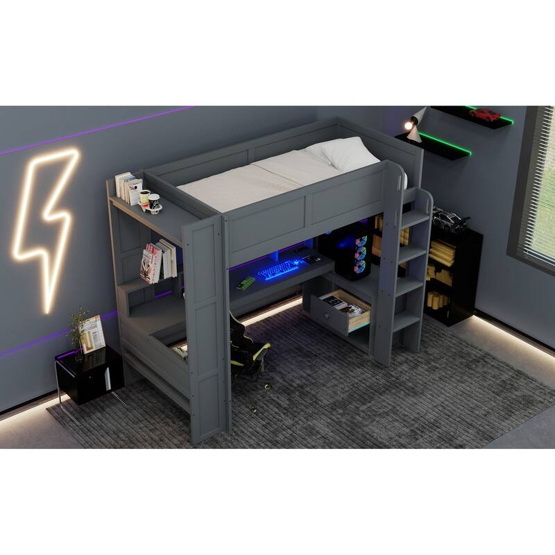 Wood Twin Size Gaming Loft Bed with Desk, Multi-storage Shelves, LED and Charging Station