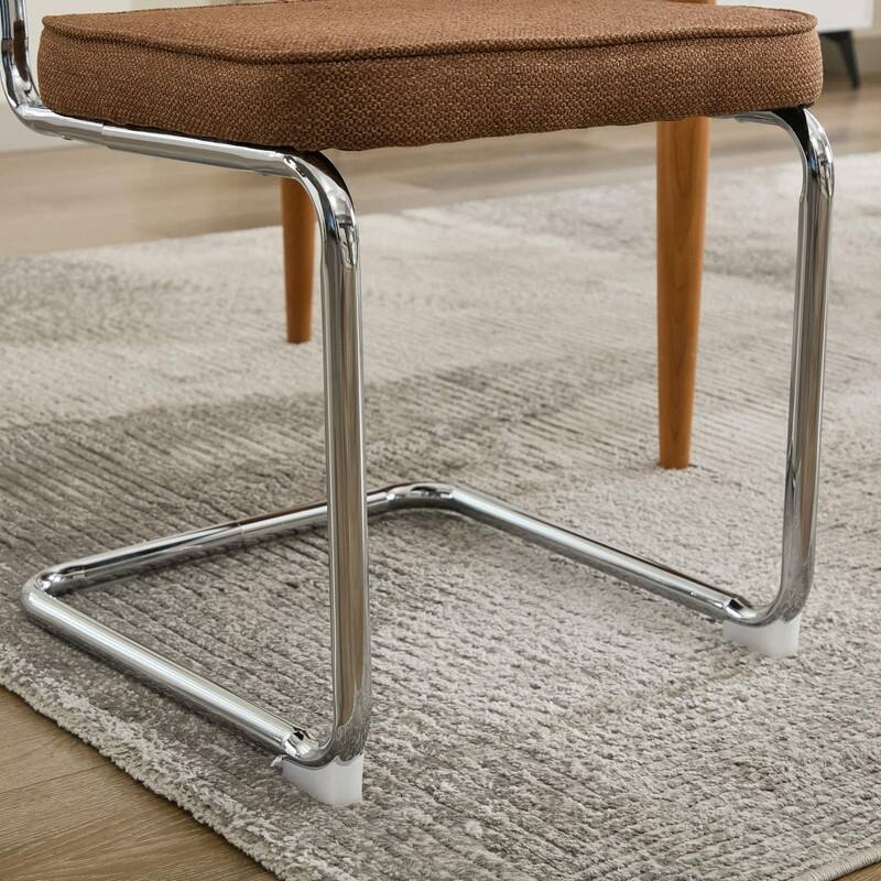 Mid Century Modern Dining Chairs Set of 2, Natural Cane Back & Stainless Chrome Base, Upholstered Rattan Kitchen Chairs