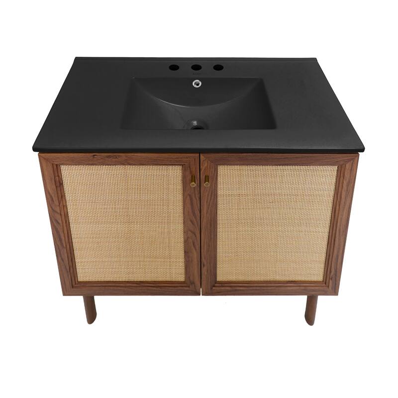 Classe 36 In. Brown Oak Bathroom Vanity With Black, 3-Hole Ceramic Sink Top