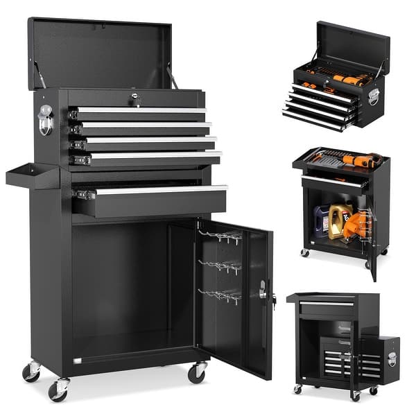 5-Drawer Rolling Tool Cart with Wheels, 2 in 1 Detachable Top Tool Box Set Chest Cabinets with Hooks and Lockable Wheels - Black