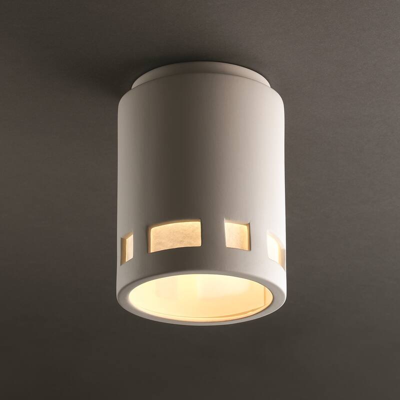 Justice Design Cylinder with Prairie Window Ceramic Outdoor 1-light Flush Mount - White