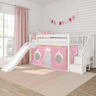 Max and Lily Classic Low Bunk with Stairs, Easy Slide and Curtain