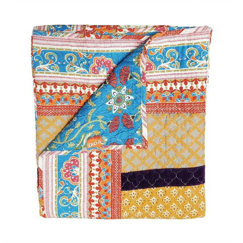 Greenland Home Fashions Thalia 100% Cotton Throw Quilt with Velvet Embellishments - Tango