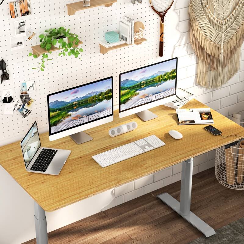 FLEXISPOT Home Office Height Adjustable Standing Desk 3-Stage Dual Motor Bamboo Rectangle Desktop