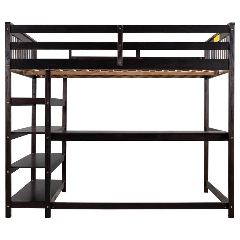 Full Size Loft Bed with Storage Shelves and Under-bed Desk in Espresso Finish