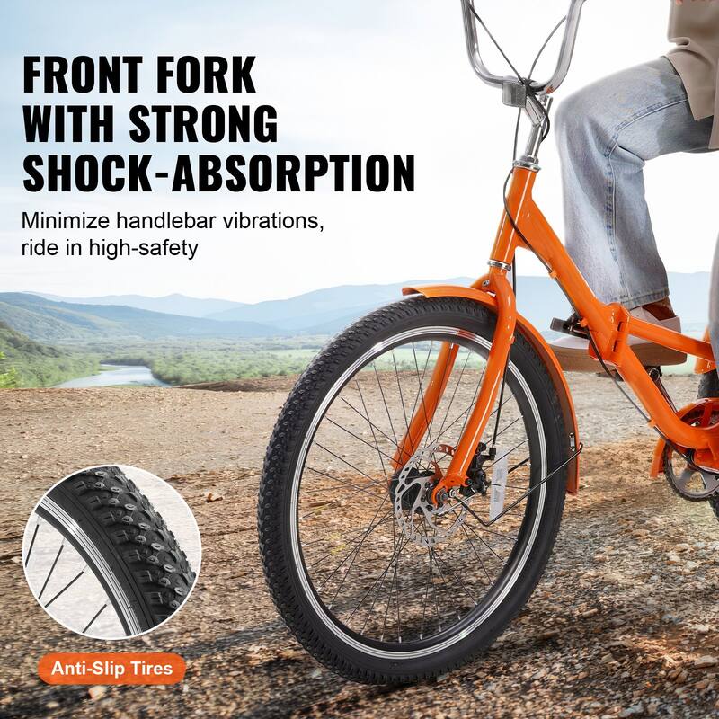 Orange Aluminum Folding Adult Tricycle with Basket and Dual Brakes - 61.8” L x 29.9” W x 40.4” H