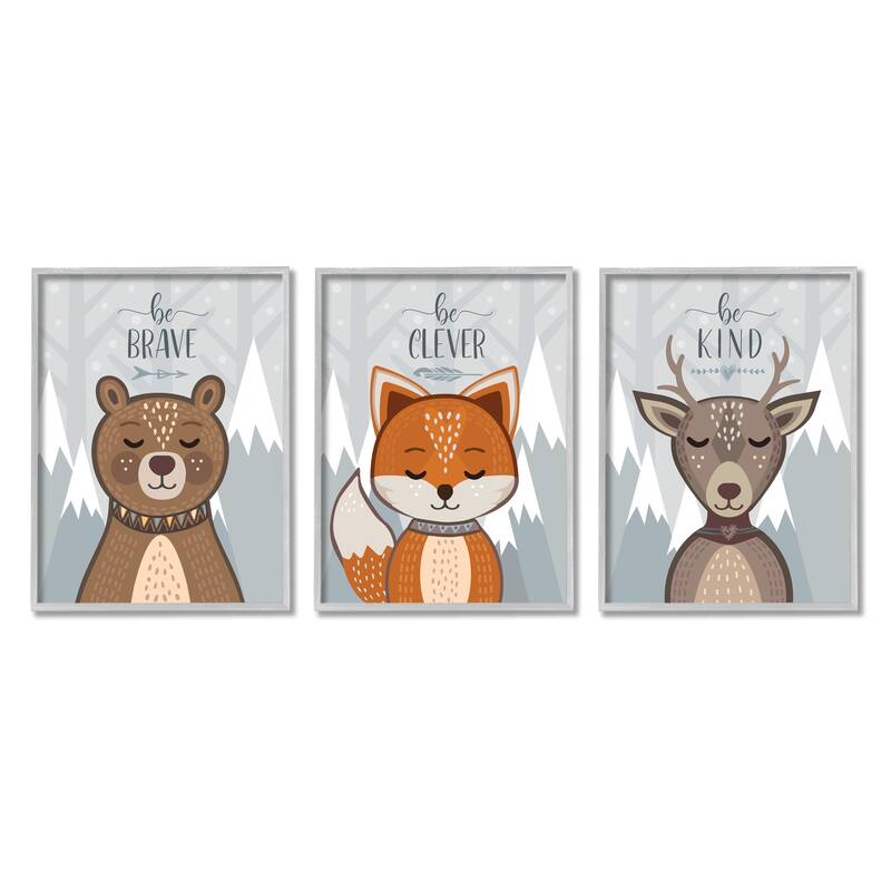 Stupell Be Kind Brave and Clever Phrases Forest Animal, 3pc Multi Piece Framed Wall Art Set - 16 x 20 - Grey