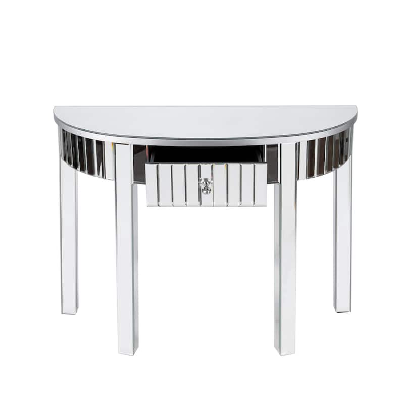 HomeRoots 39" Silver Mirrored Glass Half Moon Console Table With Drawer - 39.37' X '30' X '13.78