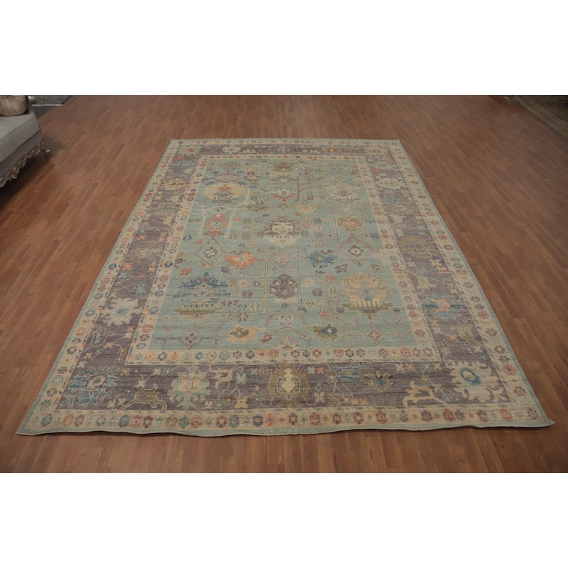 Light Blue Floral Oushak Vegetable Dye Area Rug, Floral Geometric Carpet - 12' 5'' X 9' 4''