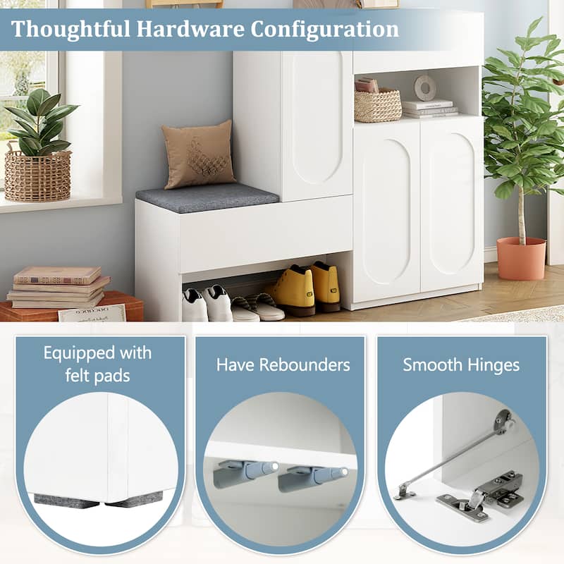 2-in-1 Shoe Cabinet Bench with Cushion, Arched Doors, Adjustable Shelves, Rebound Hinges, 51.1" Wide Entryway Organizer