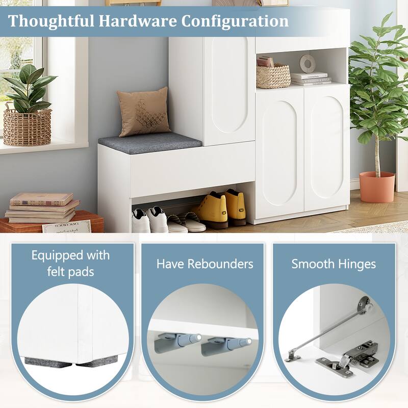 Modern Storage Bench with Arched Doors & Rebound Devices, Versatile Shoe Rack Organizer with Adjustable Shelves