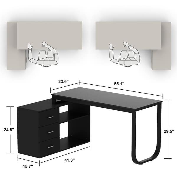 dimension image slide 4 of 6, L-shaped executive desk With 3 Drawers for Home and Office