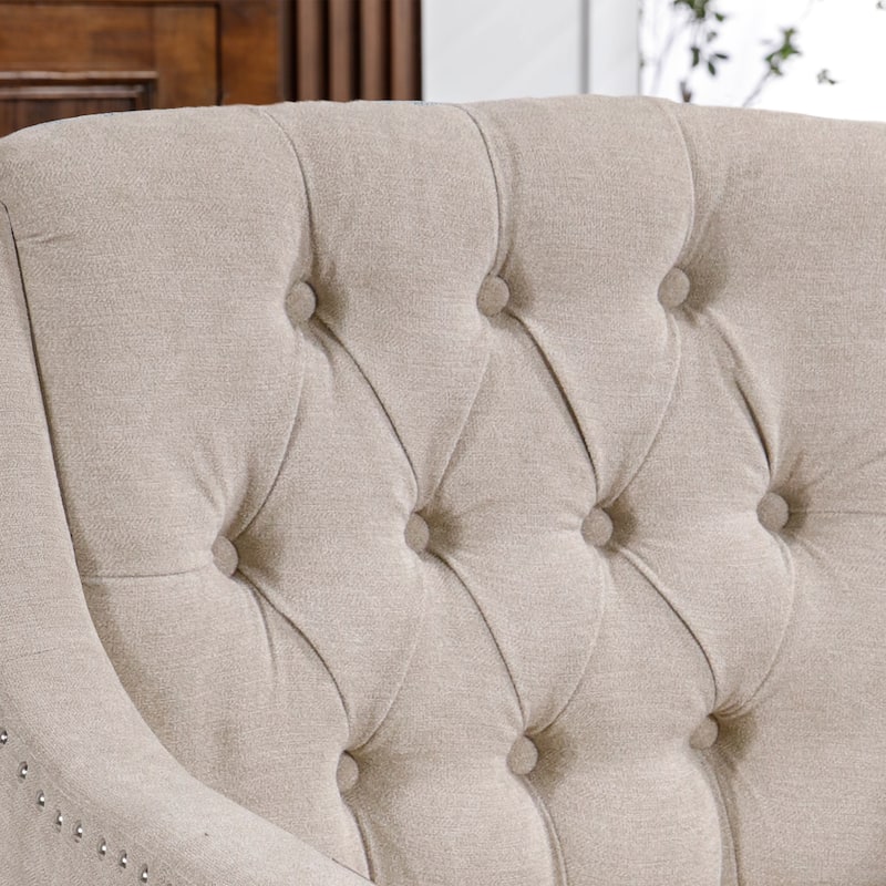 Beige Footrest Chair Set with Vintage Brass Studs, Button Tufted Upholstered