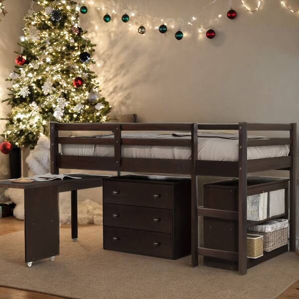 Low Study Twin Loft Bed with Cabinet and Rolling Portable Desk - Bed ...