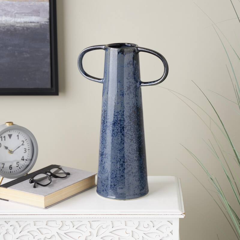 Ceramic Textured Cone Decorative Vase with Curved Handles - Dark Blue - Roche River Decor