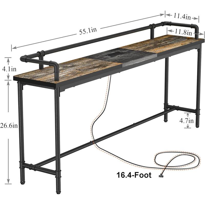 Mid Century Console Table with Power Outlet, Narrow Sofa Table, Sofa Couch Table with Charging Station USB Port