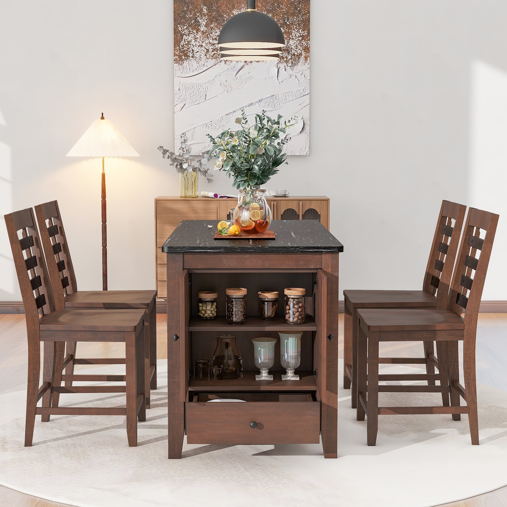 5 Piece Counter Height Dining Table Set with Faux Marble Table Top Solid Wood Table Set with Storage Cabinet and Drawer
