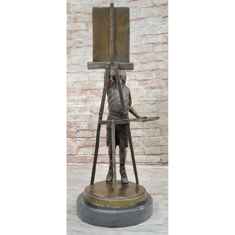 Young Artist Bronze Sculpture – Boy With Easel On Marble Base