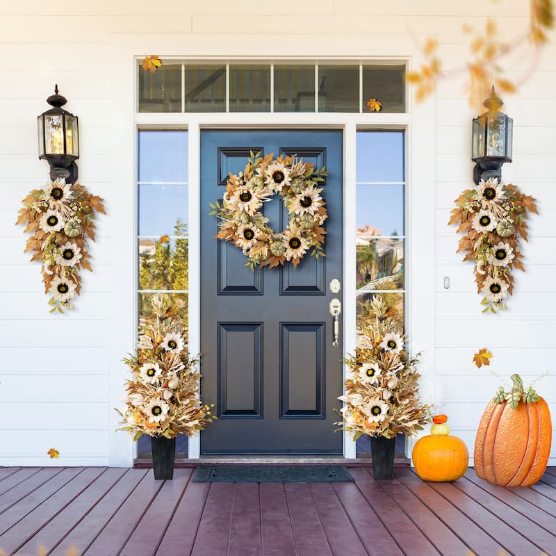 Glitzhome Fall Sunflower Pumpkin Floral Aritificial Garland or Swag Wreath with Free Hanger - Set of 5-Trees & Swags & Wreath