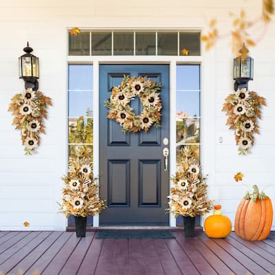 Glitzhome Fall Sunflower Pumpkin Floral Aritificial Garland or Swag Wreath with Free Hanger