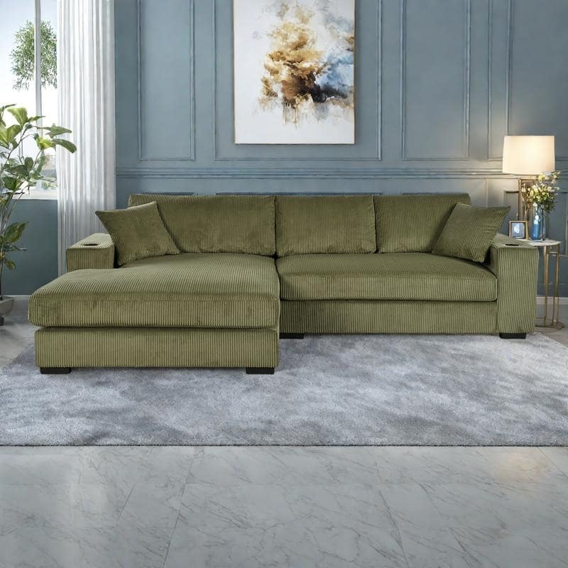 111.5" Corduroy Sectional Sofa with Thick Cushions, Cup Holders & Charging Ports - Green
