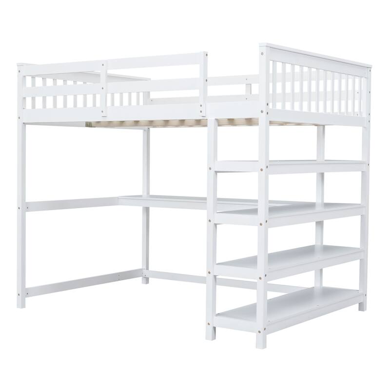 Full Size Loft Bed with Built-in Desk and Storage Shelves, White