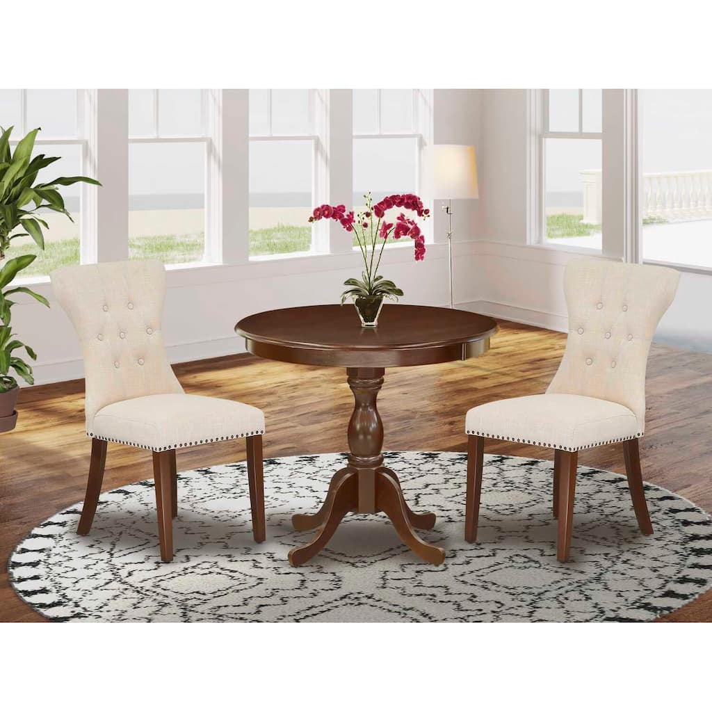 3-Piece Mahogany Finish Solid Wood Top - Button Tufted Dining Room Set - Seats 4
