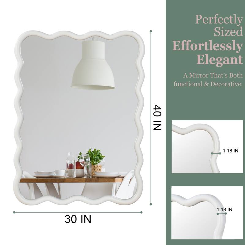 White Wavy Rectangle Solid Wood Decorative Mirror - Bedroom, Bathroom, Living Room, Entryway