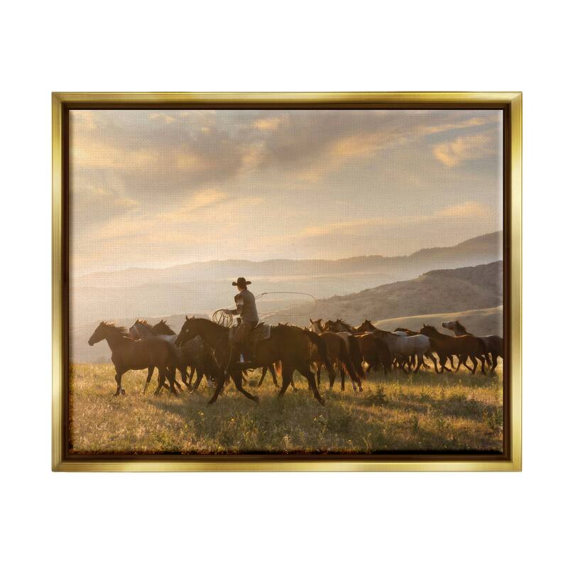 Stupell Cowboy in Rural Landscape Framed Floater Canvas Wall Art Design by PBurchettePhoto - 31 x 25 - Gold
