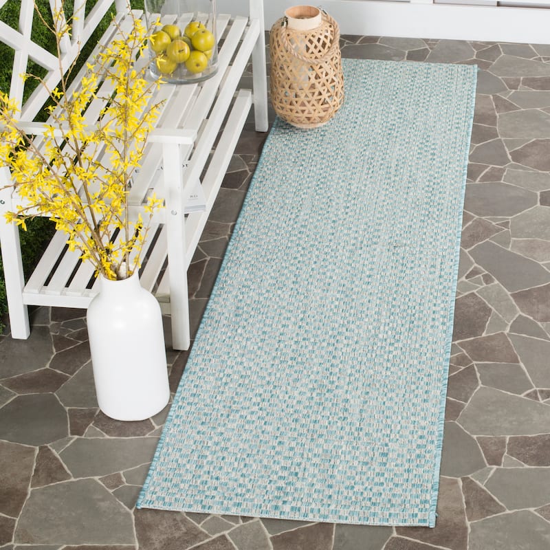 SAFAVIEH Courtyard Judi Indoor/ Outdoor Patio Backyard Rug - 2'3" x 8' Runner - Light Blue/Light Grey
