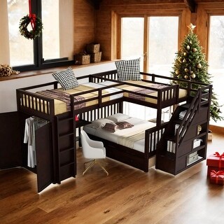 Twin-Twin over Full L-Shaped Bunk Bed With 3 Drawers, Portable Desk and Wardrobe