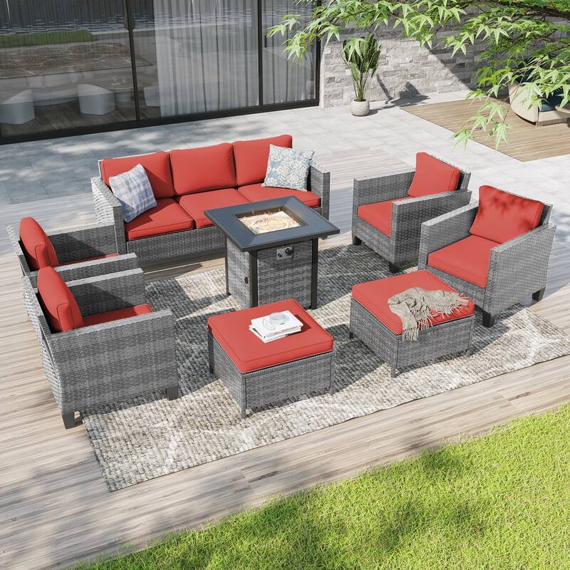 Livoosun 8 Pieces Patio Sofa with 28'' Fire Table Set, PE Wicker, Wide Armrests High Back Sofa Chair Design for Lawn, Patio - Gray Wicker/Orange Cushion