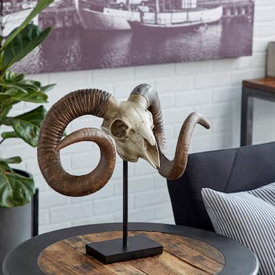 Brown Polystone Skull Ram Decorative Sculpture