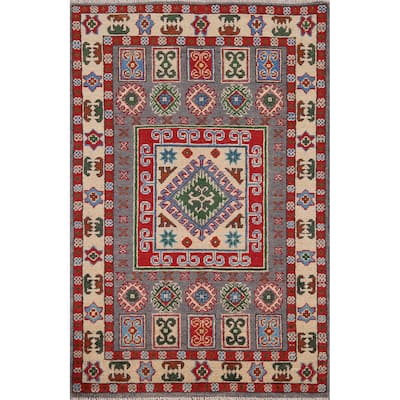 Geometric Grey Kazak Foyer Rug Hand-Knotted Wool Carpet - 2'8" x 3'11"