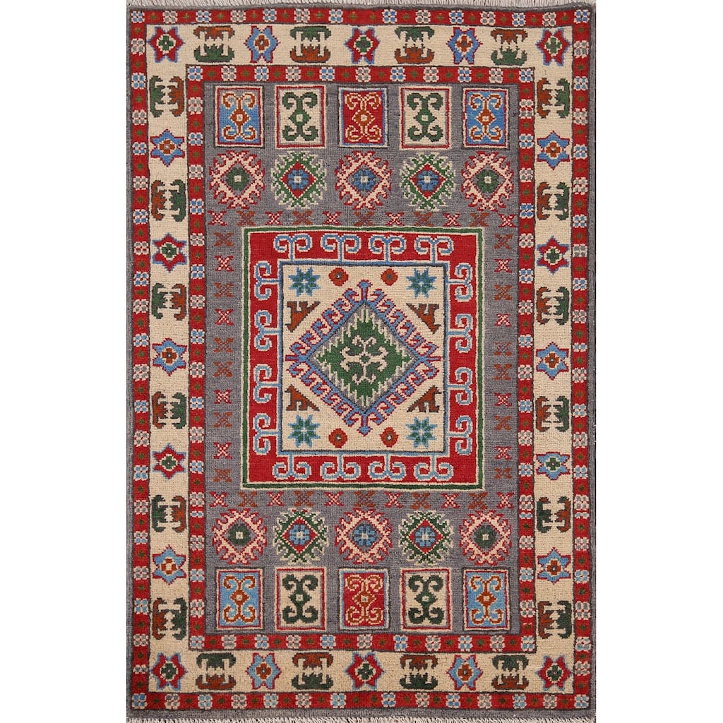 Geometric Grey Kazak Foyer Rug Hand-Knotted Wool Carpet - 2'8" x 3'11"