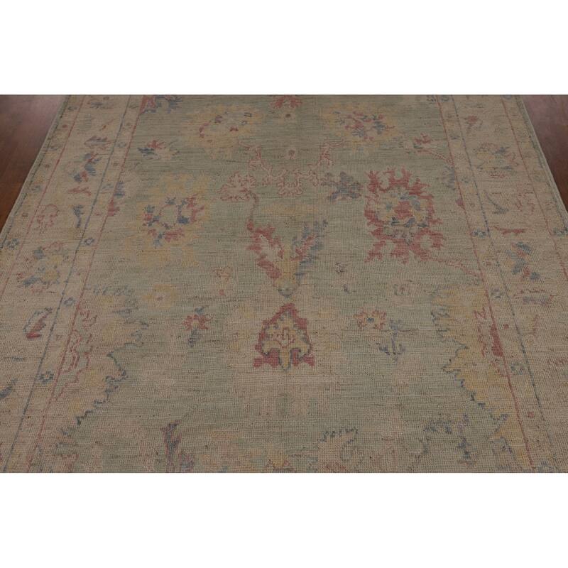 Light Green Oushak Vegetable Dye Turkish Area Rug Handmade Wool Carpet - 5'2"x 7'3"