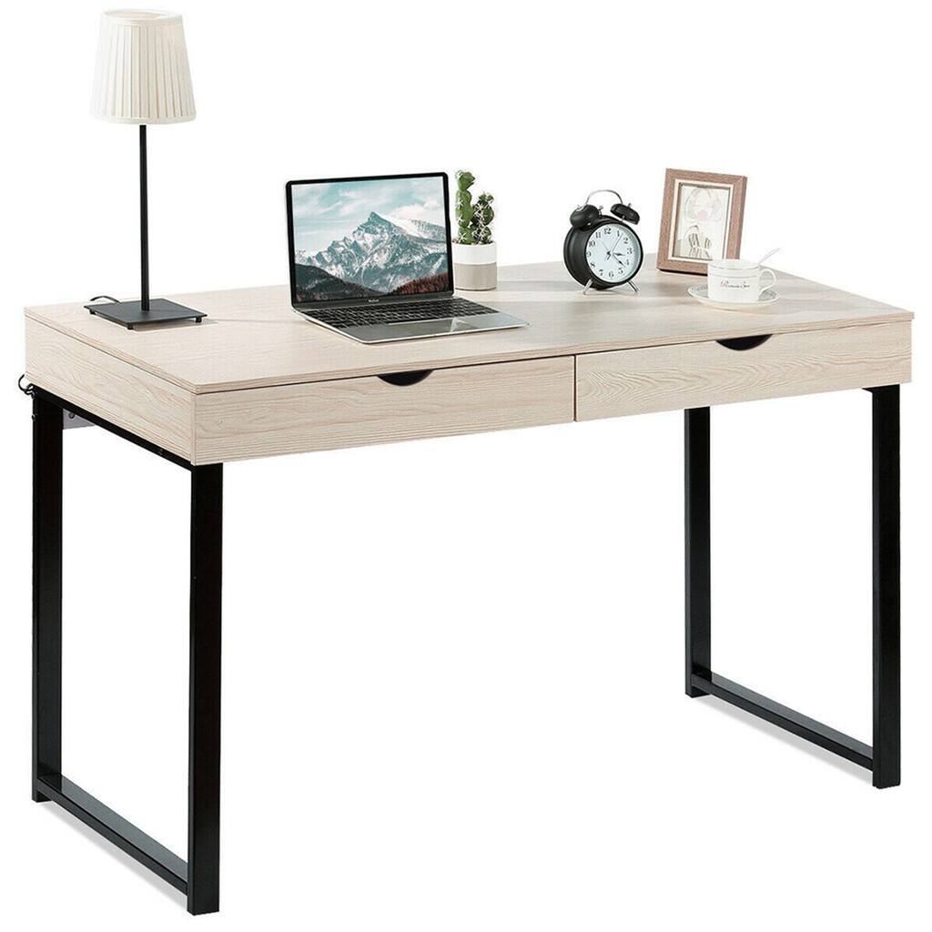 47.2 Inch Computer Desk PC Laptop Study Writing Table 2 Drawers Steel Frame Living Room Bedroom Beige