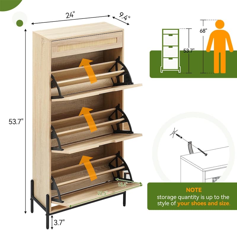Rattan 3 Flip Door with 1 Drawer Shoe Rack Storage Cabinet