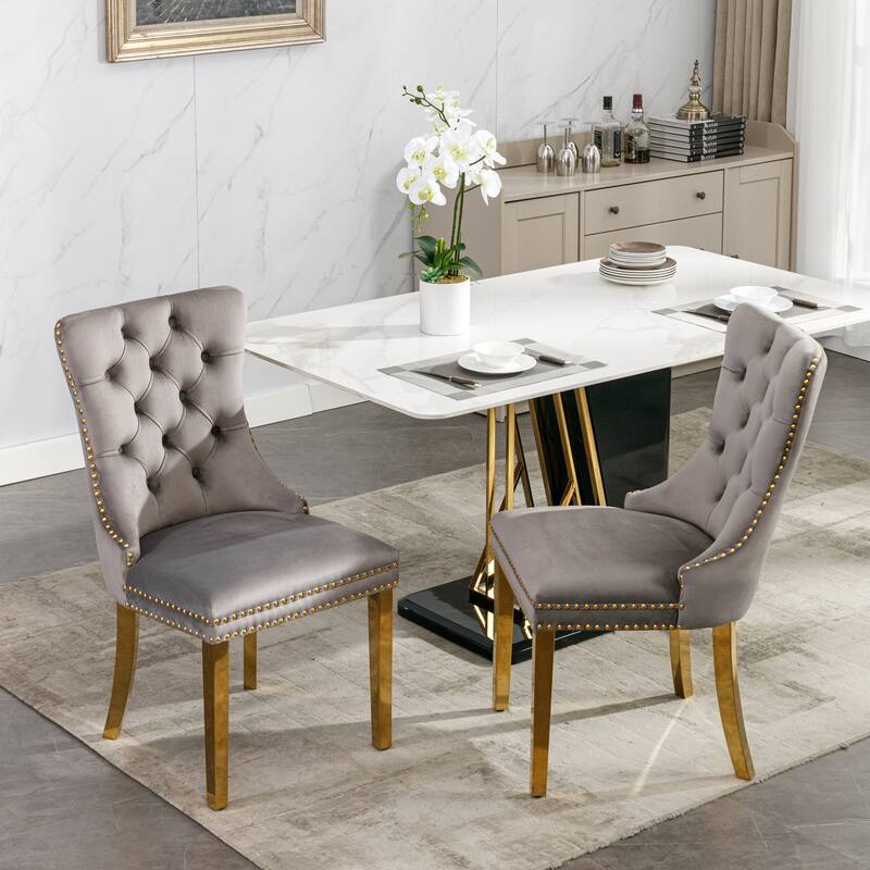 Set of 2 Velvet Dining Chairs with Nailhead Trim and Gold-Plated Legs