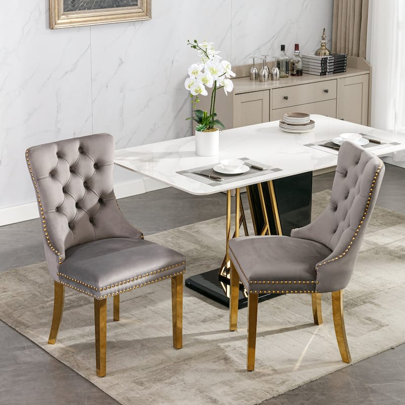 Velvet Upholstered Dining Chair Set of 2, Club Guest Office Chairs, Fabric Accent Upholstered Chairs, Gold Nailhead Trim Chair