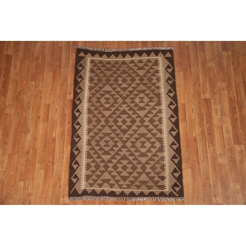 Brown Geometric Kilim Oriental Rug Flat-weave Wool Carpet - 3'4" x 4'10"