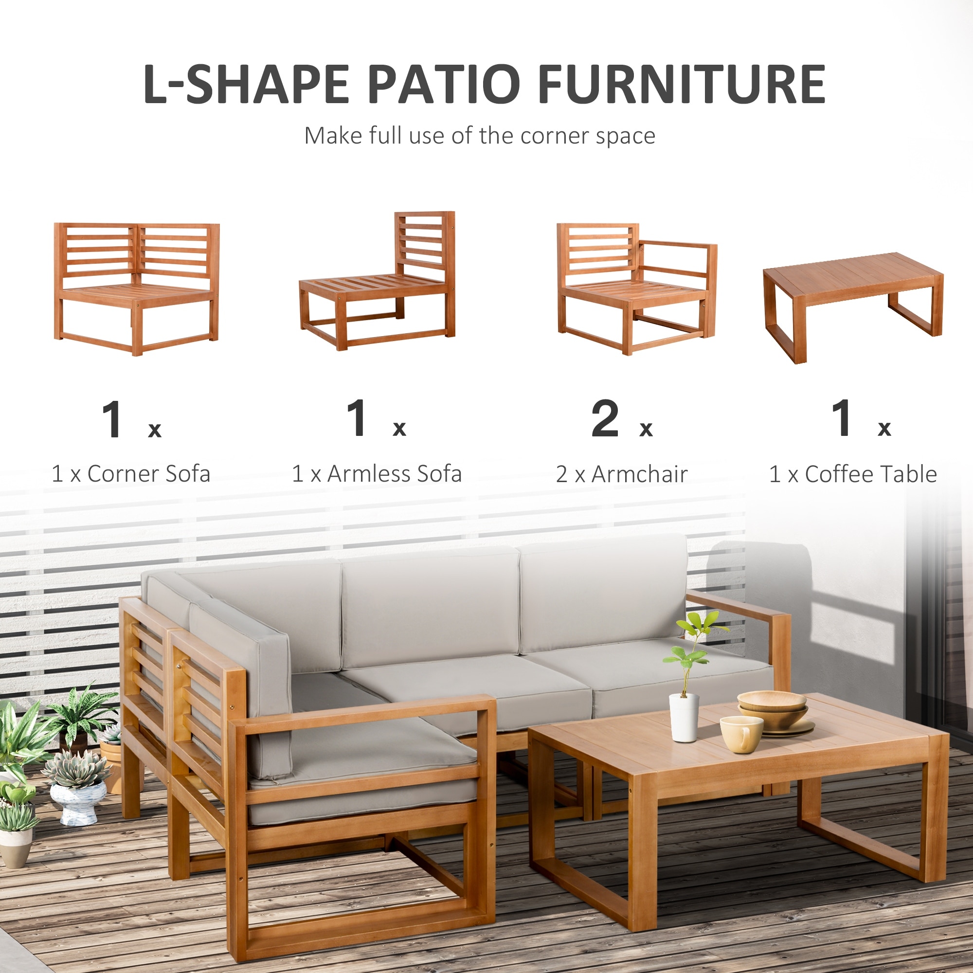 Outsunny 5 PCS L Shaped Patio Furniture Set, Wood Outdoor Sectional Sofa Conversation Set, Grey