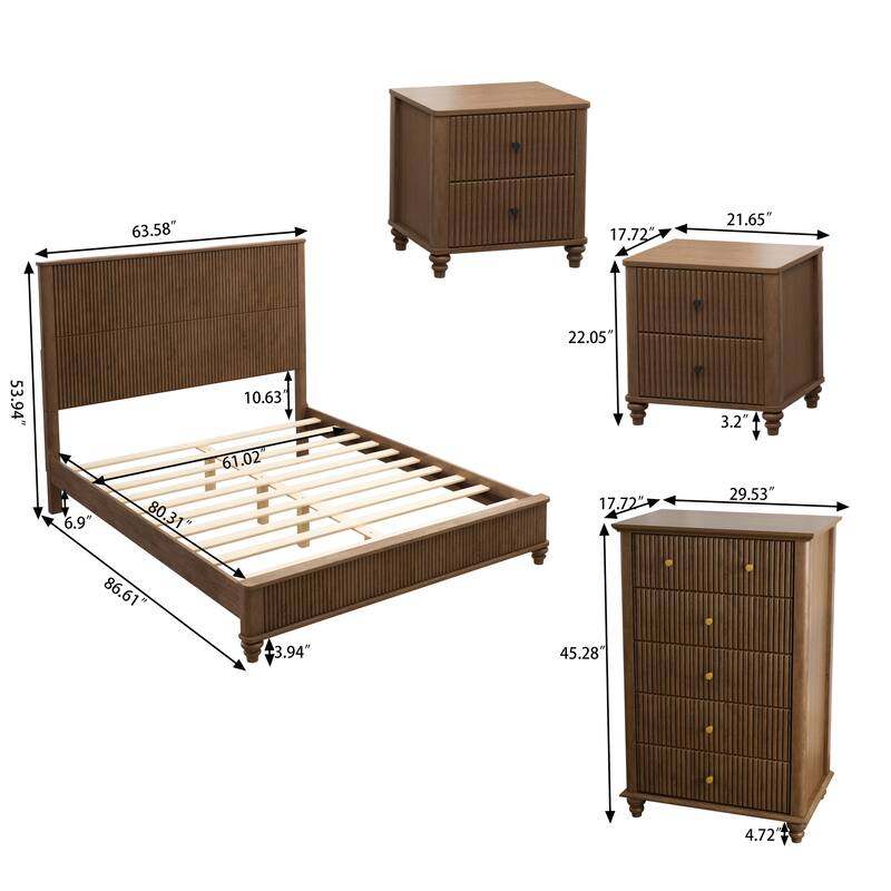Bedroom Set with Wooden Platform Bed and Nightstands